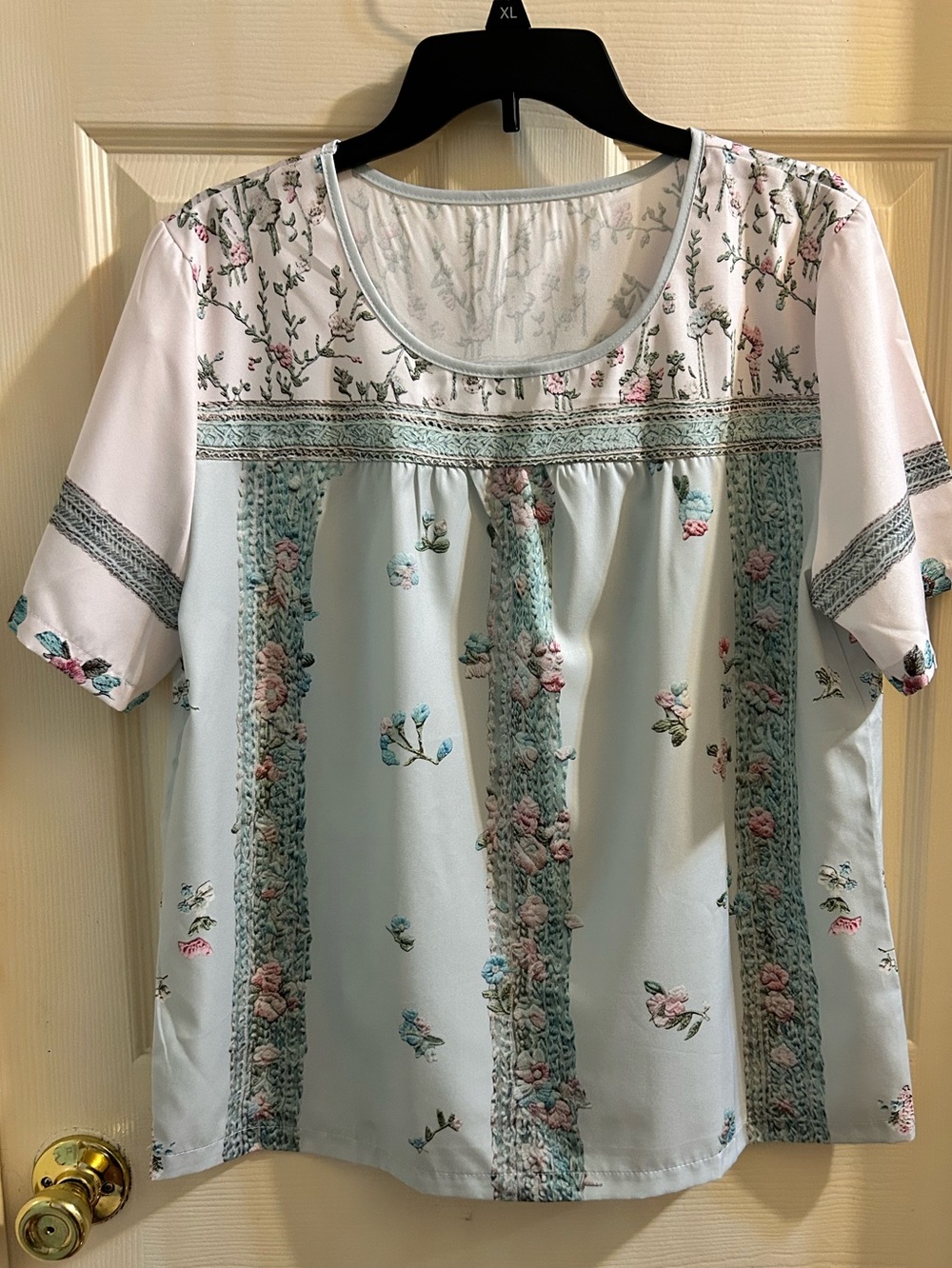 Floral print Lace-Trim Pastel Blue Women's Blouse